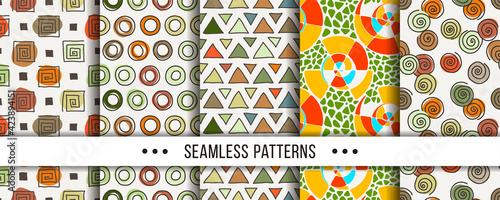 Cute collection of doodle hipster seamless patterns. Ornament set for your design, wallpaper, background, fabric textile