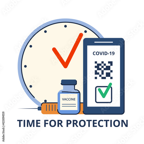 Time of vaccination against covid-19. Virus protection. Testing for antibodies. QR code on a smartphone with a test result. Isolated concept on white background. Vector