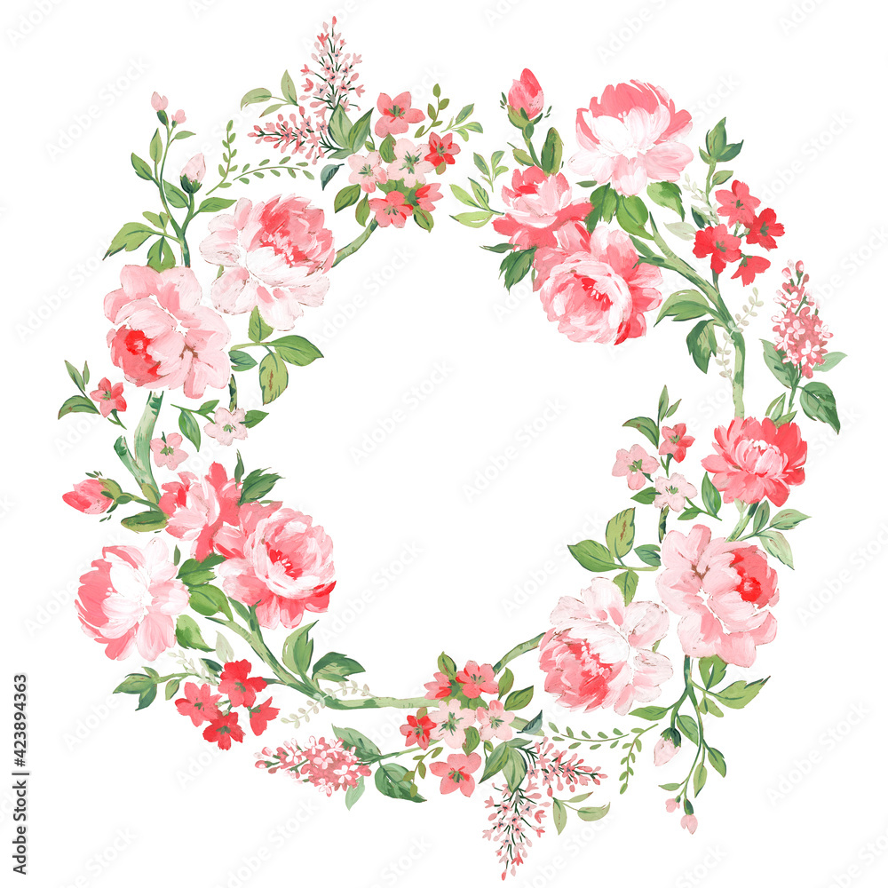 Beautiful floral wreath with watercolor hand drawn gentle spring flowers. Stock illustration.