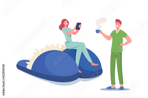 Family Couple at Morning Time in Comfy Clothing. Male and Female Characters Wearing Home Clothes, Pajamas or Nightwear