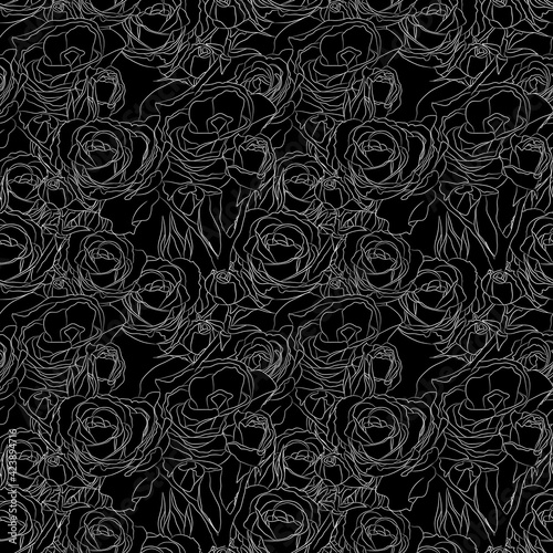 Abstract floral vector seamless pattern with white contours of rose flowers on black background. Template for design, textile, wallpaper, wrapping, carton.