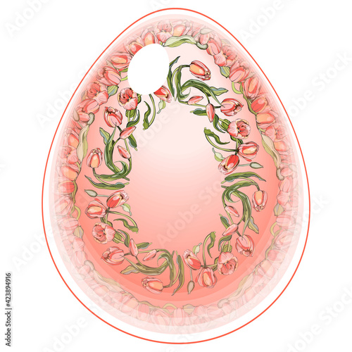Easter eggs in flowers. A wreath of tulips. For a religious holiday. Communion, confirmation, Palm Sunday. Egg. Greeting picture for Easter.