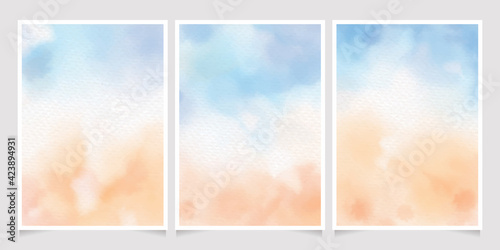 sea blue sky and sand beach watercolor background for wedding invitation card template collection