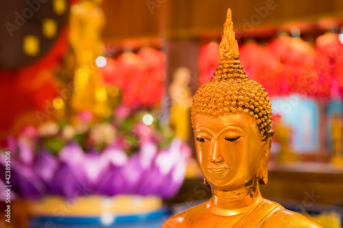 Nonthaburi  Thailand- March 08  2021   Golden Buddha statue in Wat Leng Nei Yee 2 Temple at Nonthaburi  Thailand