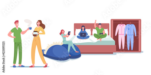 Male and Female Characters Wearing Home Clothes, Comfortable Pajamas or Nightwear and Slippers Made of Natural Materials