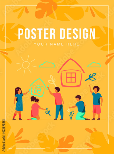 Children drawing home with crayons. Multiracial group of kids painting multicolored pictures. Vector illustration for childhood, imagination, creativity concept