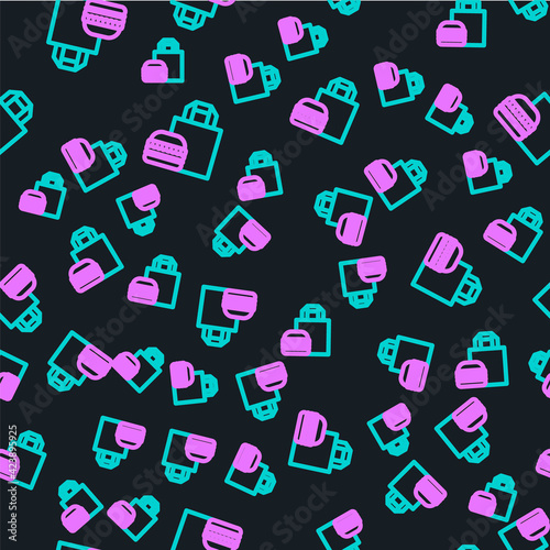 Line Online ordering and burger delivery icon isolated seamless pattern on black background. Vector Illustration