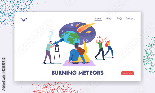 Characters Watching Meteorite Fall Landing Page Template. Man with Telescope Look on Sky with Falling Asteroids