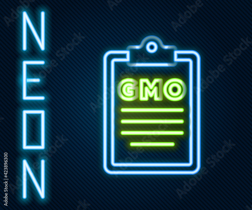 Glowing neon line GMO icon isolated on black background. Genetically modified organism acronym. Dna food modification. Colorful outline concept. Vector