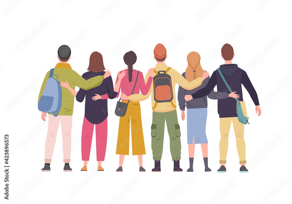 Group young friends standing with their backs hugging each other illustration. Joyful warm relations among students and old acquaintances meeting after long separation of friend. Friendship vector. Group young friends standing with their backs hugging each other illustration. Joyful warm relations among students and old acquaintances meeting after long separation of friend. Friendship vector.