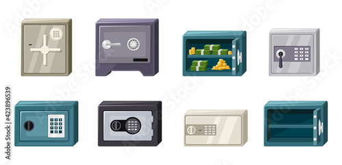 Steel safes set. Powerful screw lock vaults for safeguarding valuables secure digital locks with coded passwords compact dimensions recessed into walls home and office. Vector titanium protection.