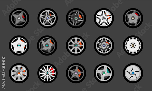 Modern car rims with star drawing set. Creative metallic racing and city transport ribbed round design made reinforced strong steel for high speeds and loads. Vector vehicle reliability.