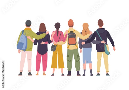 Group young friends standing with their backs hugging each other illustration. Joyful warm relations among students and old acquaintances meeting after long separation of friend. Friendship vector.