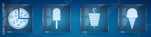 Set Pizza, Ice cream, Grilled shish kebab and Ice cream in waffle cone. Square glass panels. Vector