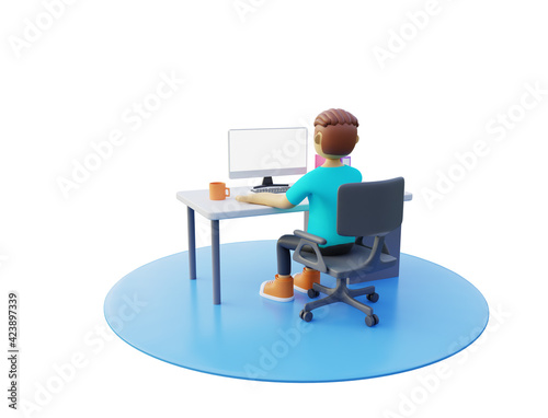 3d illustration of man working on pc with blank monitor