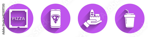 Set Pizza in cardboard box, Food ordering pizza, Online ordering and delivery and Coffee cup to go icon with long shadow. Vector