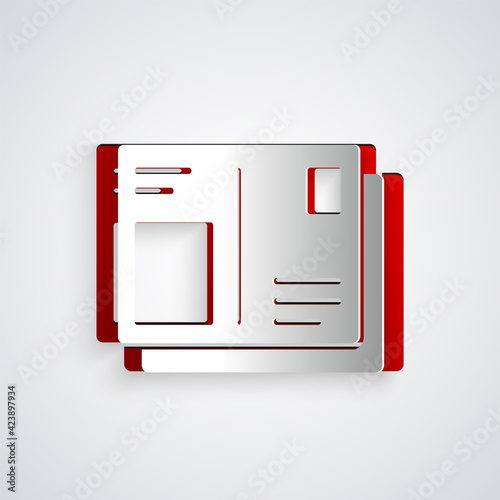 Paper cut Passport with visa stamp icon isolated on grey background. Identification Document. Paper art style. Vector Illustration