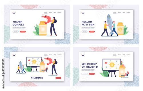 Nutritional Addictive Supplements for Health Landing Page Template Set. Tiny Characters Presenting Vitamin D Sources