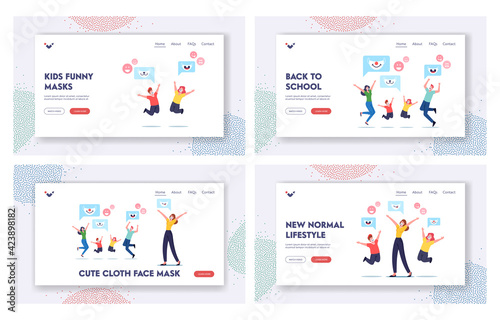 Cute Face Masks Landing Page Template Set. Characters Wear Kids Masks with Animal Muzzles for Protection of Coronavirus