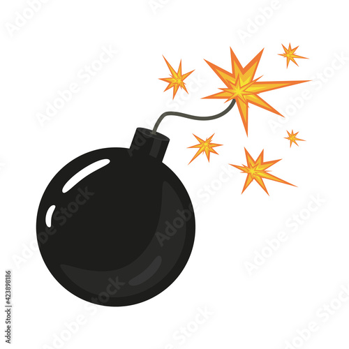 Bomb, fire and sparks. Burning fuse and explosion. Explosive device operation concept. Isolated element on a white background. Vector.
