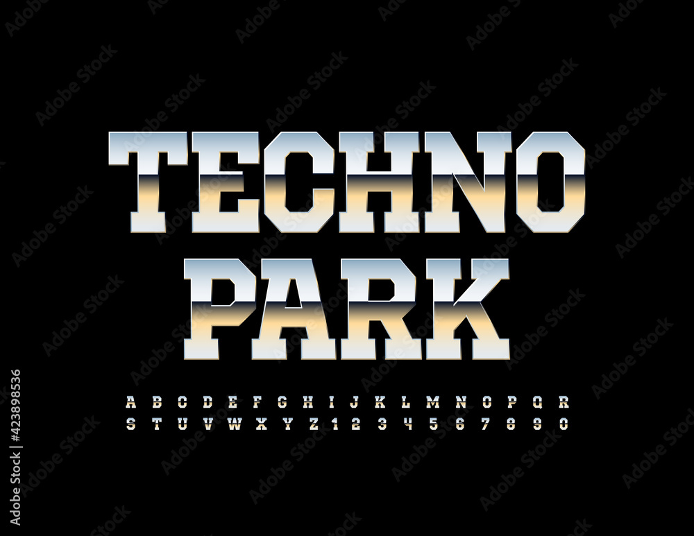 Vector bright SignTechno  Park. Gradient metallic Font. Glossy chrome reflective Alphabet Letters and Numbers set.