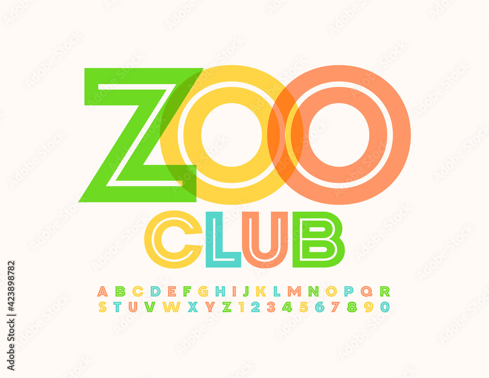 Vector bright logo Zoo Club. Colorful creative Font. Decorative Alphabet Letters and Numbers set