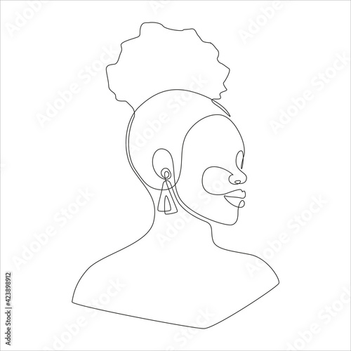 Line art portrait of African American woman with modern afro hairstyle. Continuous one line drawing woman face for logo, banner, print, tattoo, barbershop emblems. Vector illustration.