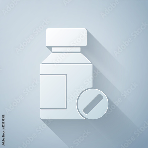 Paper cut Sedative pills icon isolated on grey background. Paper art style. Vector