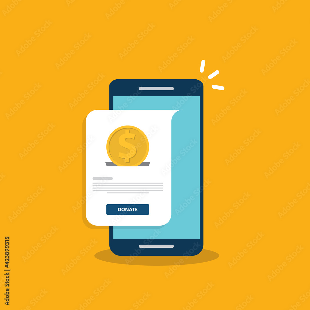 Donate online concept. Smartphone with gold coin and button on screen. Donate online concept. Smartphone with gold coin and button on screen.