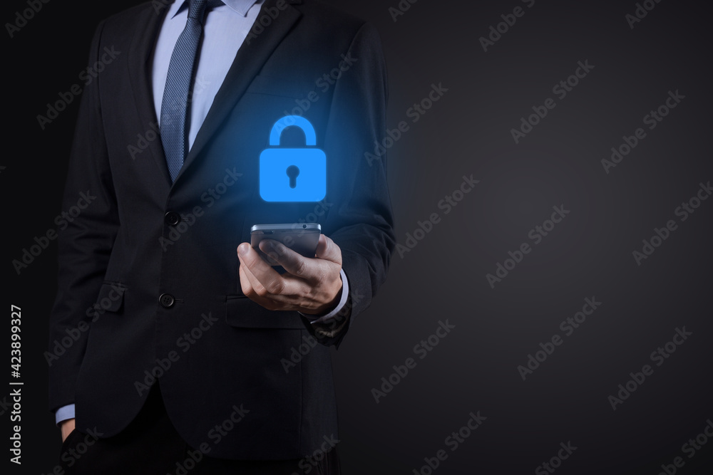 Cyber security network. Padlock icon and internet technology networking. Businessman protecting data personal information on virtual interface. Data protection privacy concept. GDPR. EU Cyber security network. Padlock icon and internet technology networking. Businessman protecting data personal information on virtual interface. Data protection privacy concept. GDPR. EU