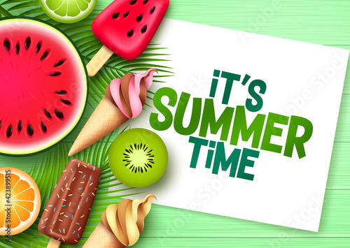 Summer time vector template design. It's summer time text in white frame space with tropical fruit elements like ice cream, popsicle, watermelon and citrus for tropical season. Vector illustration. 
