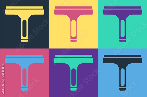 Pop art Cleaning service with of rubber cleaner for windows icon isolated on color background. Squeegee, scraper, wiper. Vector