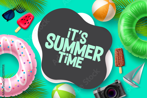 Summer time vector template design. It's summer time in blank space for text with tropical season elements like popsicle, floaters and beach ball for beach vacation. Vector illustration. 
