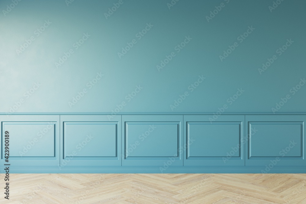 Classic style empty blue room with wood laminate floor and classic wall pannels, window sun light effect, Perspective of home interior illumination, 3D illustration Classic style empty blue room with wood laminate floor and classic wall pannels, window sun light effect, Perspective of home interior illumination, 3D illustration