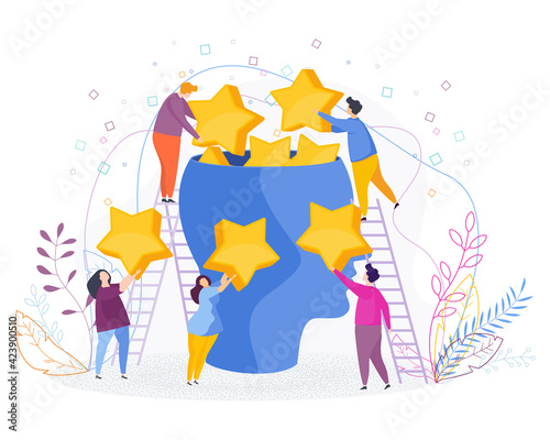 Group of small people put stars in a huge head.