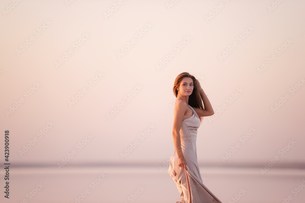Portrait of a young blonde woman in an evening airy pastel pink, powdery dress against a background of beautiful sunset. Girl with natural make-up, hair grows through the air. Copy space