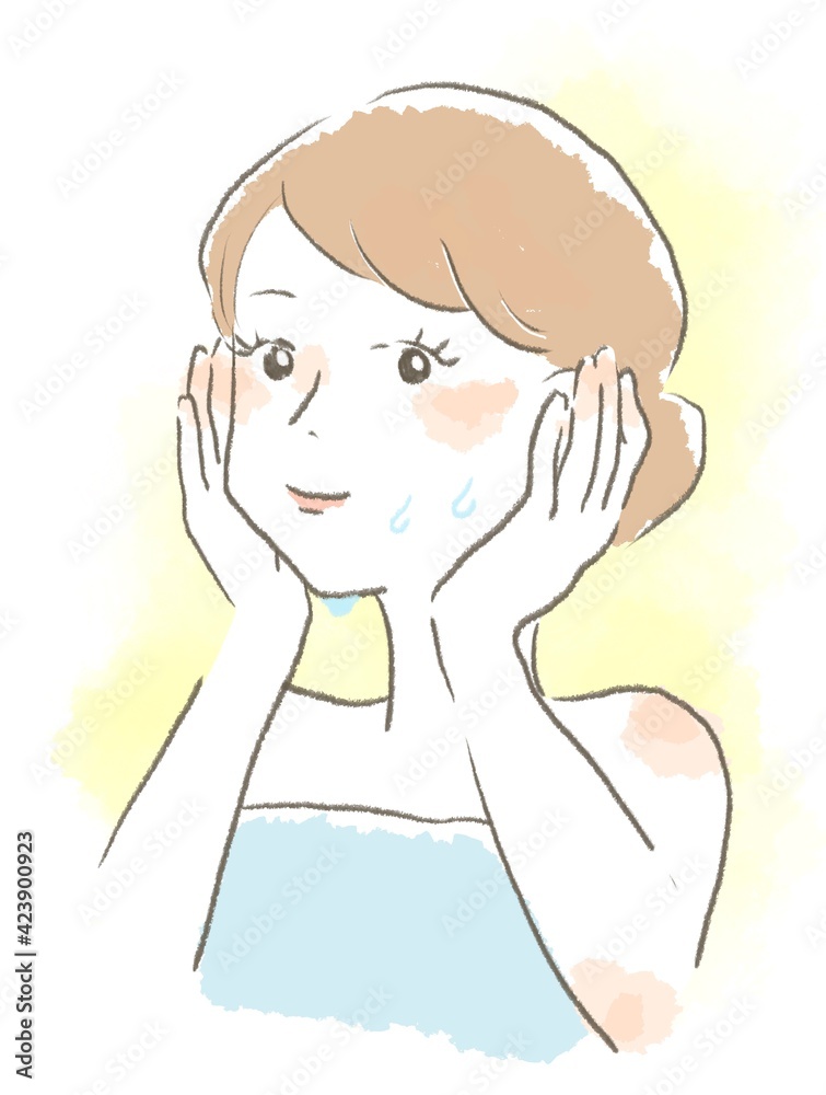 お風呂上がりにスキンケアをする女性のイラスト お風呂上がりにスキンケアをする女性のイラスト