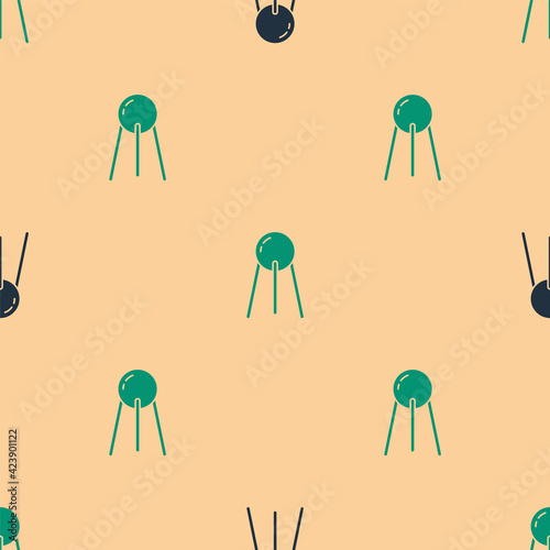 Green and black Satellite icon isolated seamless pattern on beige background. Vector