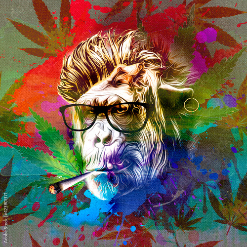 grunge background with graffiti and painted monkey with cannabis cigarette 