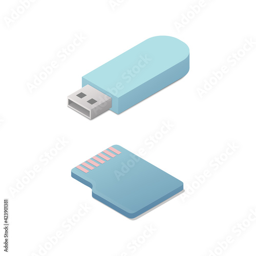 Isometric flash memory card. Vector illustration. Electronic data storage device. Isolated on white background.