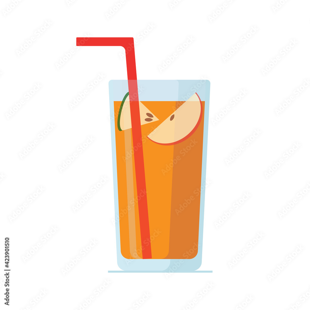 Apple punch isolated on white background. Sweet drink in glass, slices of colorful apples, cocktail tube. Vector illustration in flat cartoon style