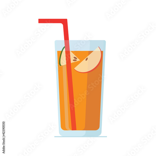 Apple punch isolated on white background. Sweet drink in glass, slices of colorful apples, cocktail tube. Vector illustration in flat cartoon style