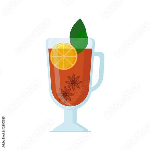 Grog isolated on white background. Soft hot drink Grog  beautiful glass on stem  slice of lemon  anise stars  mint leaves. Vector illustration in flat cartoon style