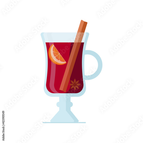 Mulled wine isolated on white background. Hot drink in glass, anise star, cinnamon stick, orange slices. Vector illustration in flat cartoon style