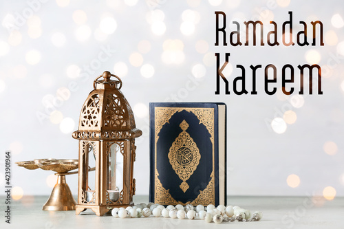 Muslim lamp, tasbih and Kor...