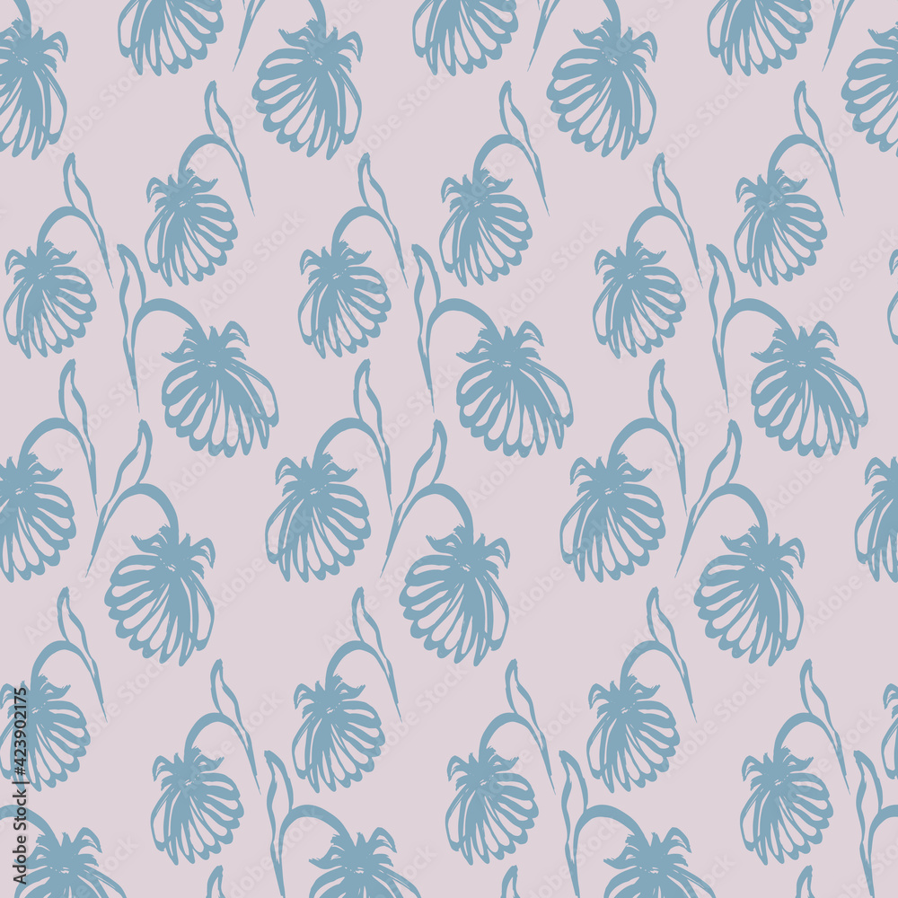 Hand-drawn floral background. Vector seamless pattern in doodle style.Gray flowers on a beige background.