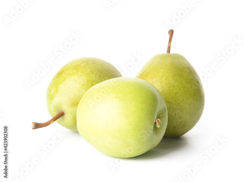 Tasty apple and pear fruits on white background