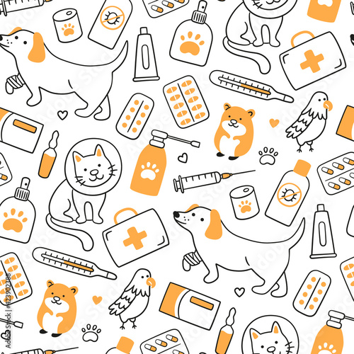 Veterinary seamless pattern with pets, medicines and food. A cat in a collar and a dog with a bandaged paw. Vector illustration in doodle style on white background