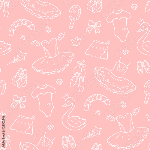 Seamless pattern for little ballerina with ballet accessories. Hand drawn tutu, pointes, ballet dress, swan, crown. Vector illustration in doodle style on white background