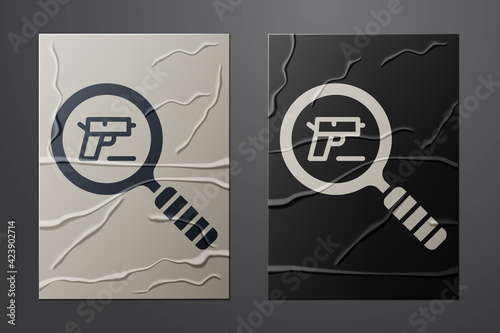 White Pistol or gun search icon isolated on crumpled paper background. Police or military handgun. Small firearm. Paper art style. Vector